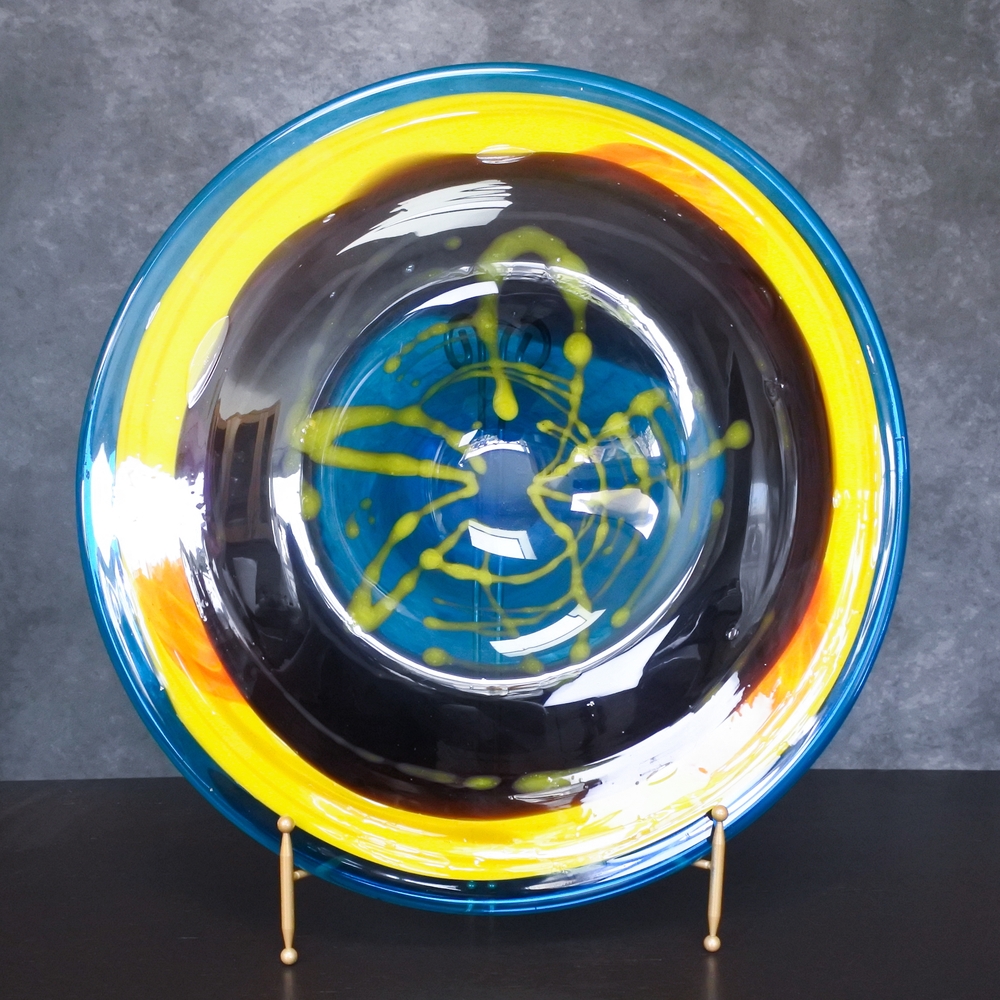 Vintage Large Hand Blown Blue Yellow Purple Flower Art Glass Bowl